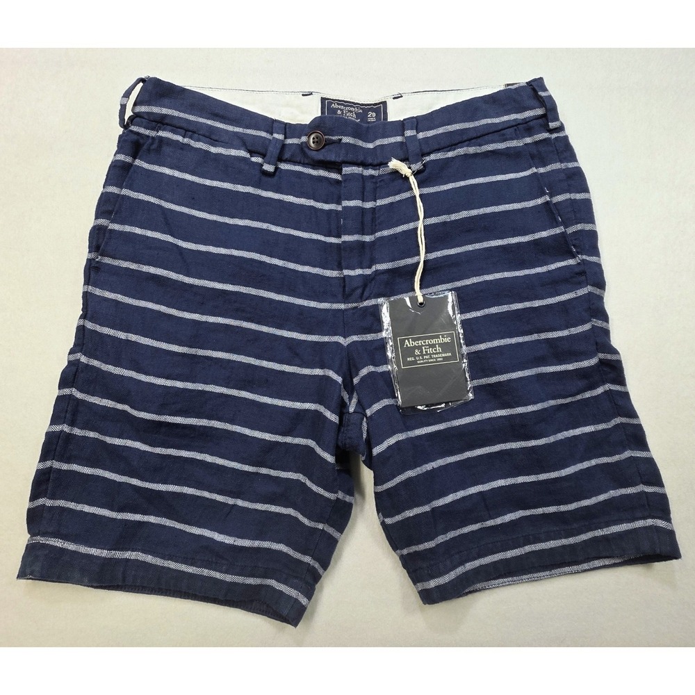 NEW Abercrombie Fitch 100% Linen Chino Shorts Mens 29 Blue White Striped